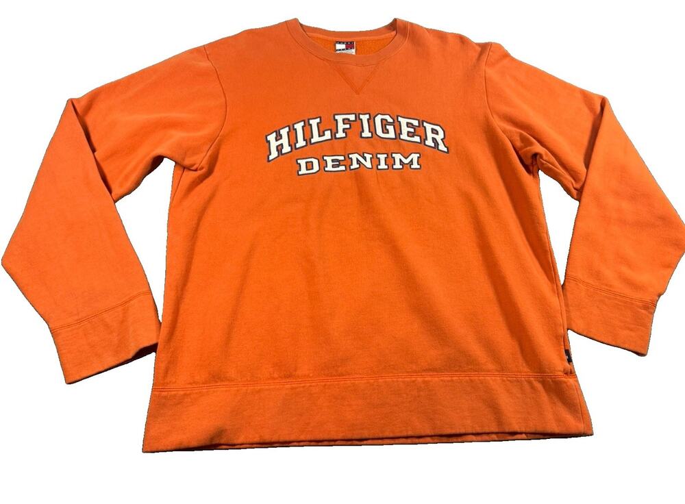 Vintage Tommy Hilfiger Denim Sweater Men's Size M Orange Crew Neck Fleece